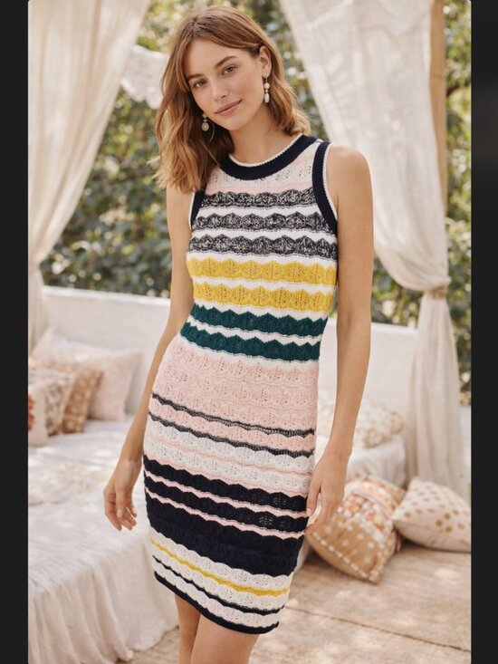 Anthropologie Dresses & Skirts - Anthro Akemi Kin Crochet Knit Dress XL April Sleeveless Striped Retro Fitted NWT